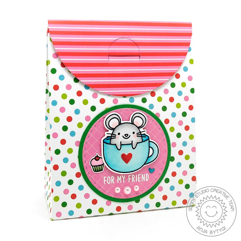 Sunny Studio Stamps Mouse In Coffee Mug Colorful Polka-dot Holiday Gift Bag Box  (using Sweet Treats Bag Metal Cutting Dies)