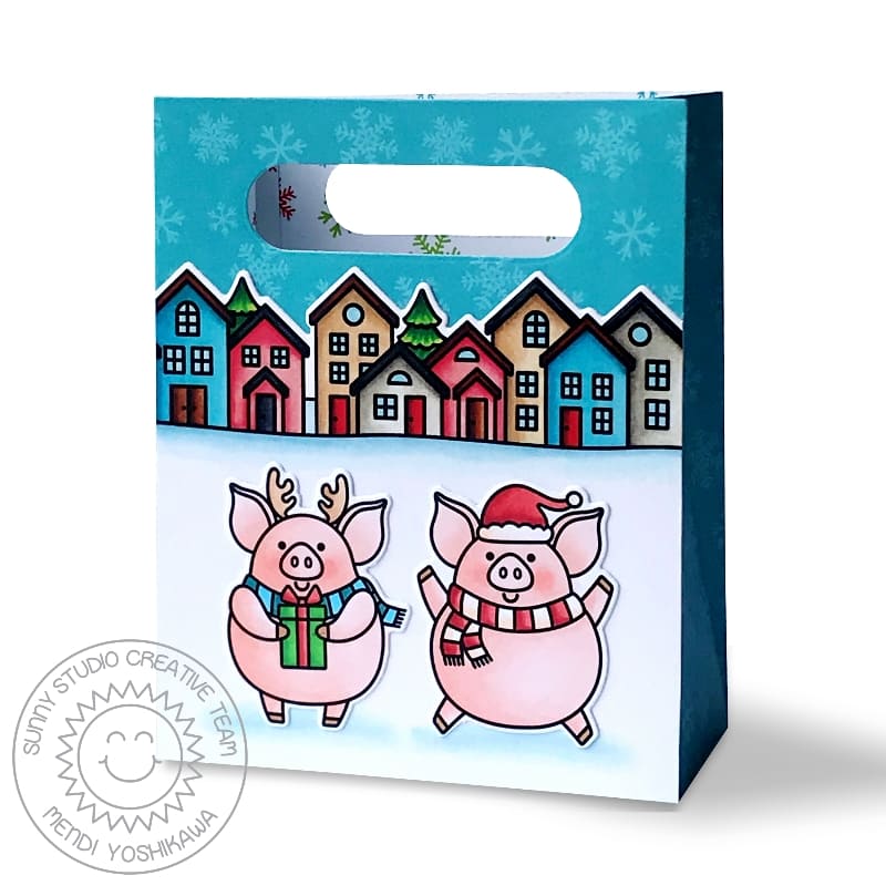 Sunny Studio Holiday Santa Pigs with House Sweet Treats Christmas Gift Bag (using Hogs & Kisses 3x4 Clear Stamps)