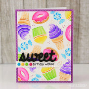 Sunny Studio Stamps Sweet Birthday Wishes Watercolor Ice Cream Cone, Donut, Cupcake & Candy Handmade Card (using Sweet Shoppe 4x6 Clear Photopolymer Stamp Set)
