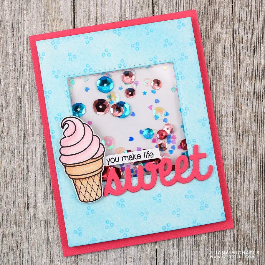 Sunny Studio Stamps You Make Life Sweet Ice Cream Cone Shaker Window Card using Sweet Word Metal Cutting Die
