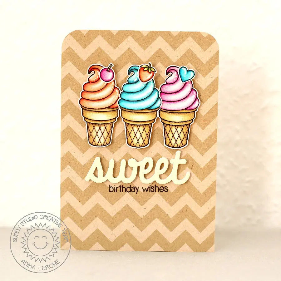 Sunny Studio Stamps Sweet Birthday Wishes Ice Cream Cone Handmade Card with Kraft Chevron Background (using Sweet Shoppe 4x6 Clear Photopolymer Stamp Set)