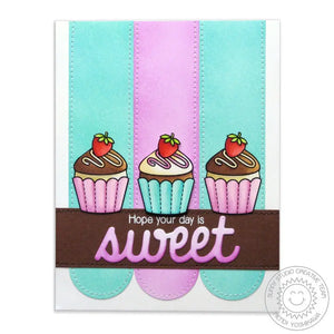 Sunny Studio Stamps Hope Your Day Is Sweet 3 Cupcakes Birthday Card by Mendi Yoshikawa using Sweet Word Metal Cutting Dies