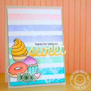 Sunny Studio Stamps Thanks For Being So Sweet Rainbow Striped Stripes Ice Cream, Cupcake, Donut & Candy Handmade Card (using Sweet Shoppe 4x6 Clear Photopolymer Stamp Set)