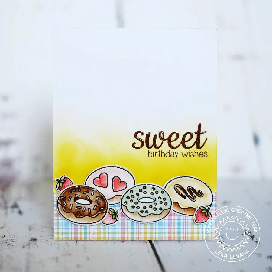 Sunny Studio Stamps Sweet Birthday Wishes Plaid Donut Handmade Card (using Sweet Shoppe 4x6 Clear Photopolymer Stamp Set)