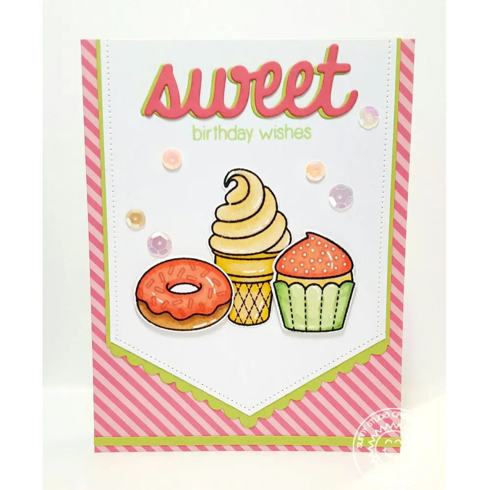 Sunny Studio Stamps Sweet Birthday Wishes Ice Cream Cone, Donut, & Cupcake Card using Sweet Word Metal Cutting Die