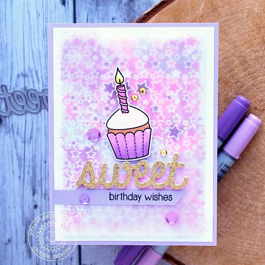 Sunny Studio Stamps Pink & Lavender Cupcake Birthday Wishes Card using Sweet Word Metal Cutting Die