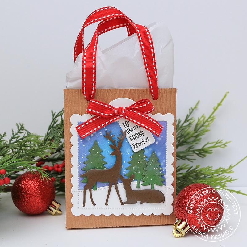 Sunny Studio Stamps Deer Snowy Woods Christmas Holiday Gift Bag by Juliana Michaels using stitched Scalloped Square Tag Dies