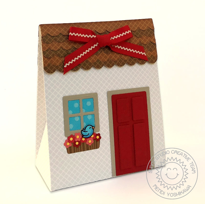 Sunny Studio Stamps Sweet Treats House Gift Bag Box with magnetic flap (using Gray Diagonal Grid Print from Subtle Grey Tones 6x6 Patterned Paper Pack)