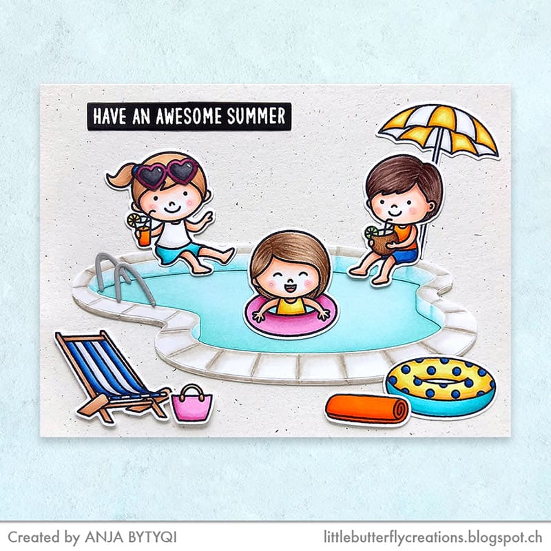 Sunny Studio Kids Splashing in Swimming Pool Summer Card (using Kiddie Pool 4x6 Clear Stamps)