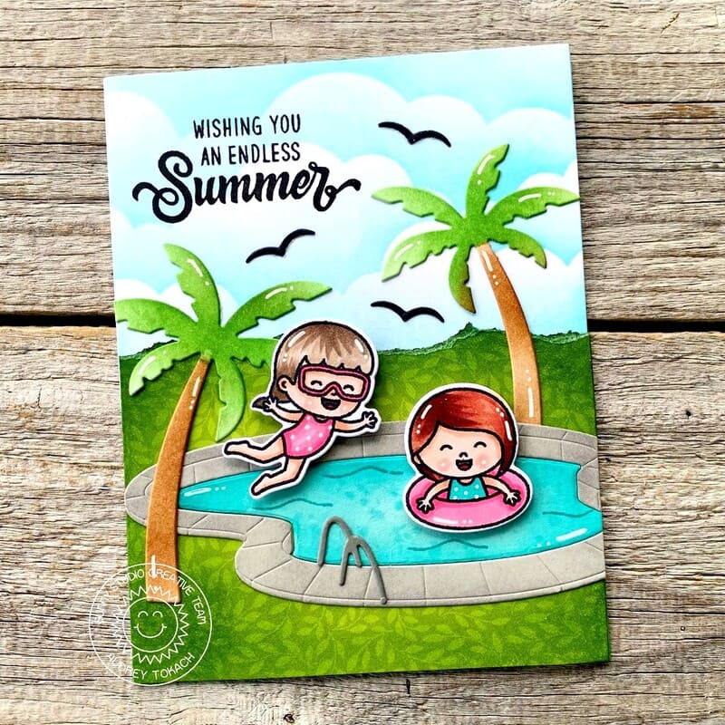 Sunny Studio Stamps Kids Swimming in Pool with Palm Trees Summer Card (using Tropical Trees Backdrop Cutting Die)