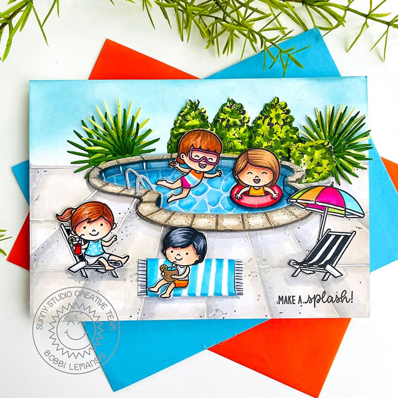 Sunny Studio Girl Jumping into Swimming Pool with Beach Chairs Summer Card (using Kiddie Pool 4x6 Clear Stamps)