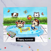 Sunny Studio Kids Playing in Beach Volleyball in Swimming Pool with Dog & Cat Summer Card (using Kiddie Pool 4x6 Clear Stamps)