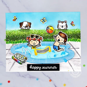 Sunny Studio Kids Playing in Beach Volleyball in Swimming Pool with Dog & Cat Summer Card (using Kiddie Pool 4x6 Clear Stamps)