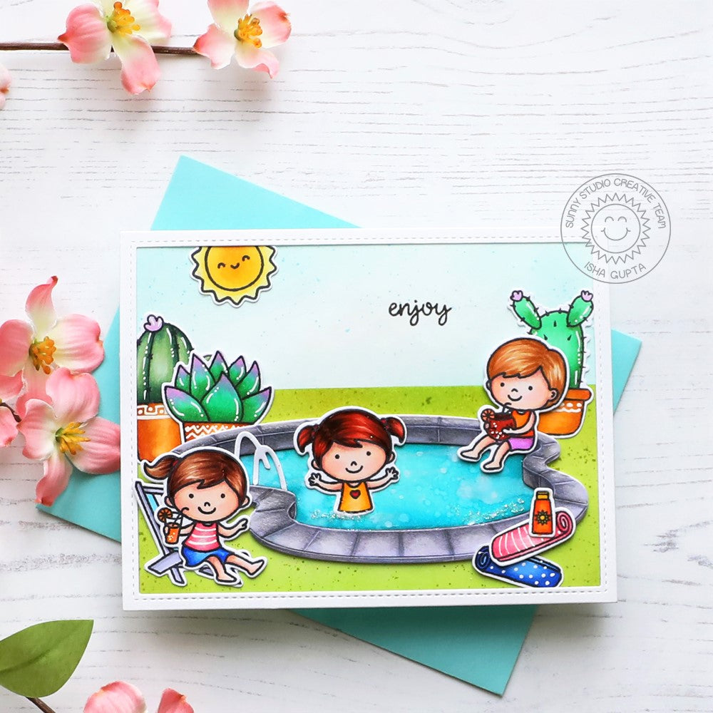 Sunny Studio Stamps Kids Playing in Pool with Backyard Cactus Summer Card (using Swimming Pool Metal Cutting Die)