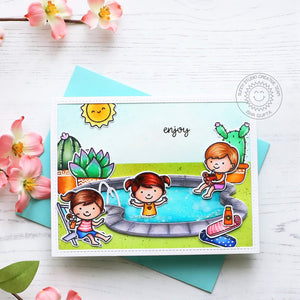 Sunny Studio Kids Playing in Swimming Pool with Backyard Cactus Summer Card (using Looking Sharp 3x4 Clear Stamps)
