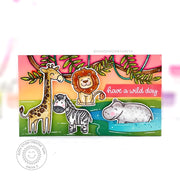 Sunny Studio Giraffe, Zebra, Lion & Hippo Summer Mini Slimline Card by Kavya (using Savanna Safari 4x6 Clear Stamps)