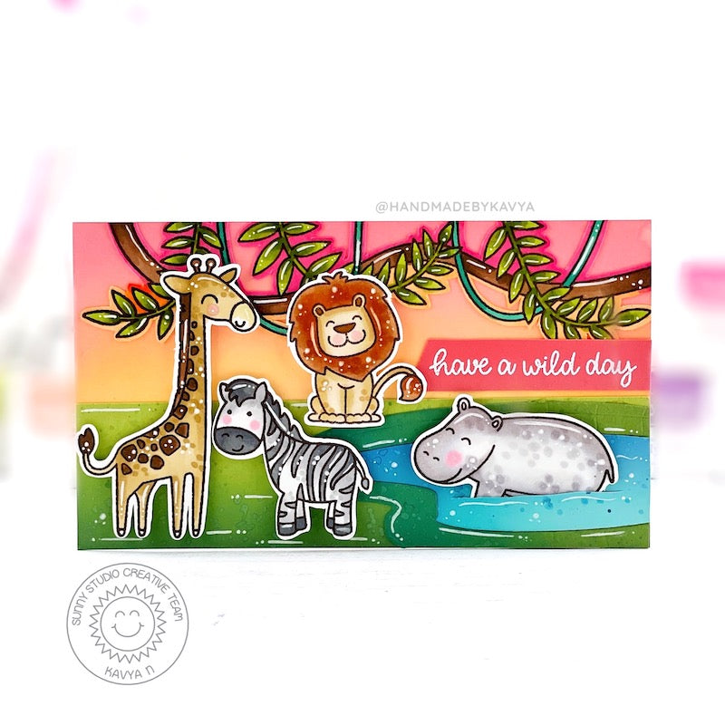 Sunny Studio Giraffe, Zebra, Lion & Hippo Summer Mini Slimline Card by Kavya (using Savanna Safari 4x6 Clear Stamps)
