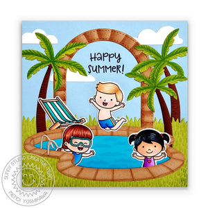 Sunny Studio Stamps Kids Splashing & Jumping in Swimming Pool Summer Card (using Tropical Trees Backdrop Dies)