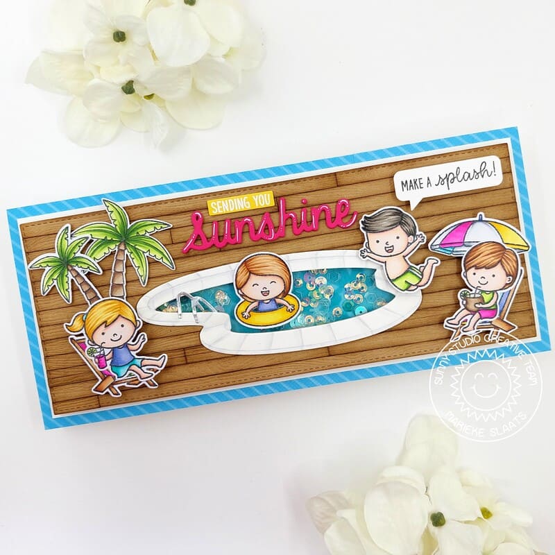 Sunny Studio Sending You Sunshine Kids Swimming Pool with Wood Deck Summer Slimline Card (using Kiddie Pool Stamps)
