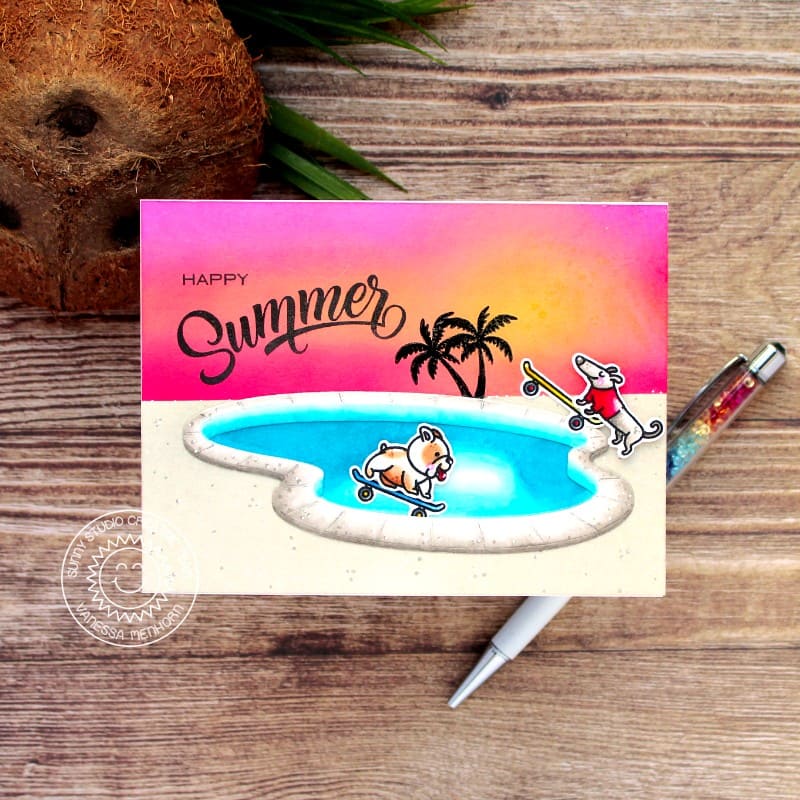 Sunny Studio Stamps Skateboarding Dogs with Skateboard Summer Card (using Swimming Pool Cutting Die)