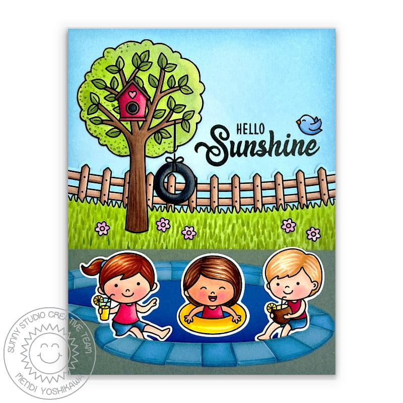 Sunny Studio "Hello Sunshine" Kids Playing in Backyard Swimming Pool with Fence Summer Card (using Spring Scenes 4x6 Clear Stamps)