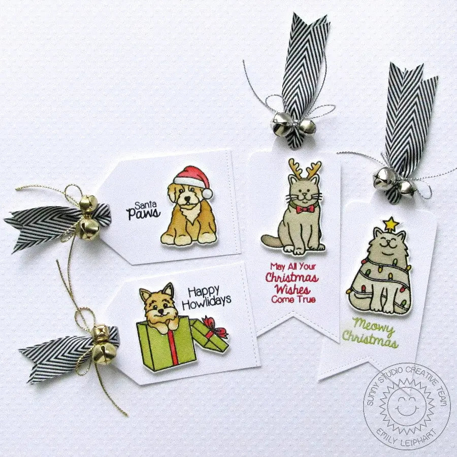 Sunny Studio Stamps Cats & Dogs Pennant Shaped Christmas Holiday Gift Tags (using Fishtail Banner Metal Cutting Dies)
