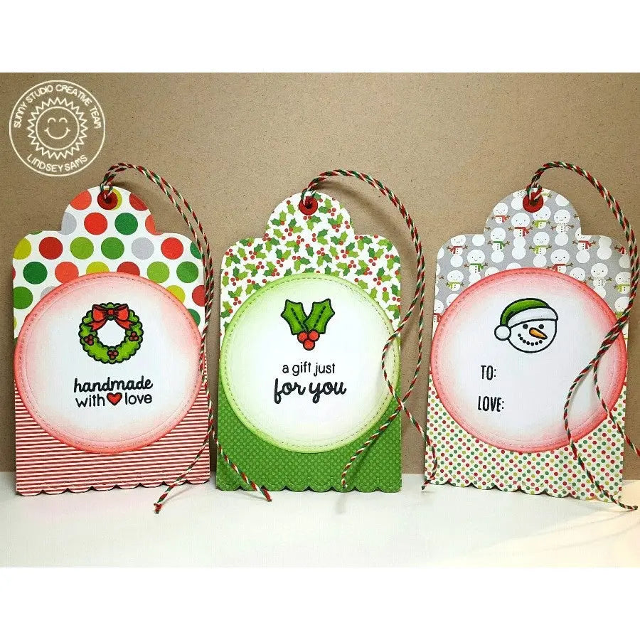 Sunny Studio Stamps Handmade Christmas Holiday Gift Tags Set Using Tag Topper Crescent Metal Cutting Dies
