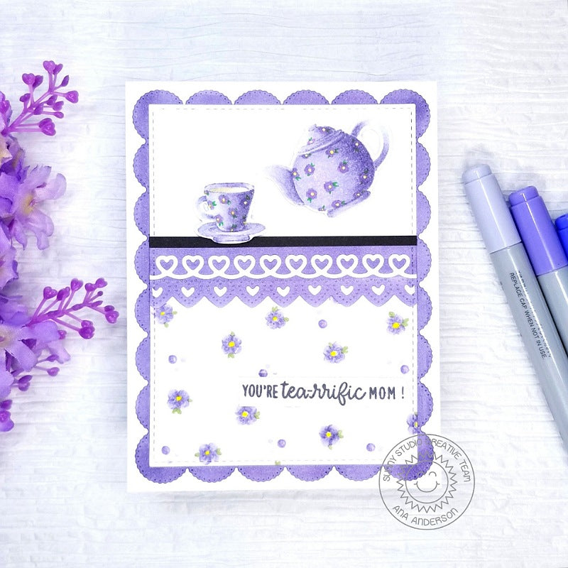Sunny Studio Lavender Flower Floral Teapot & Teacup Handmade Mother's Day Card by Ana Anderson using Tea-riffic Clear Stamps