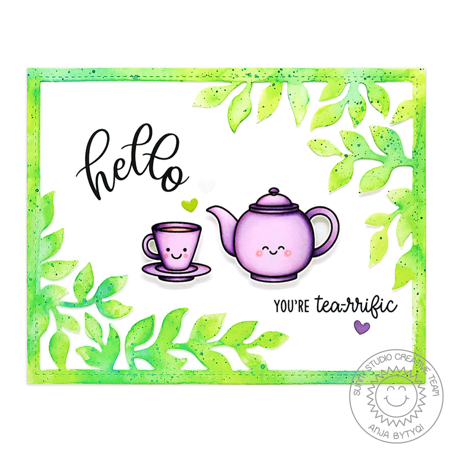 Sunny Studio Lavender & Green Leaves Border Teapot & Teacup Tea Themed Card using Tea-riffic Mini Clear Photopolymer Stamps
