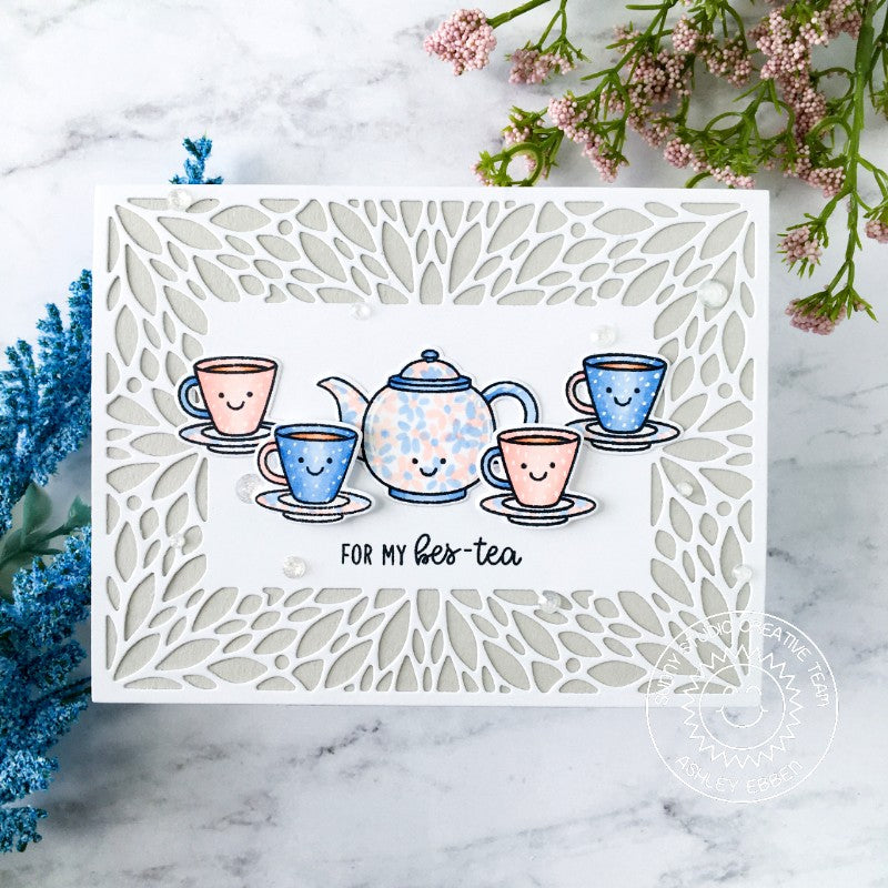Sunny Studio Stamps Teapot & Teacups Punny Handmade Card with petal border (using Blooming Frame Metal Cutting Dies)