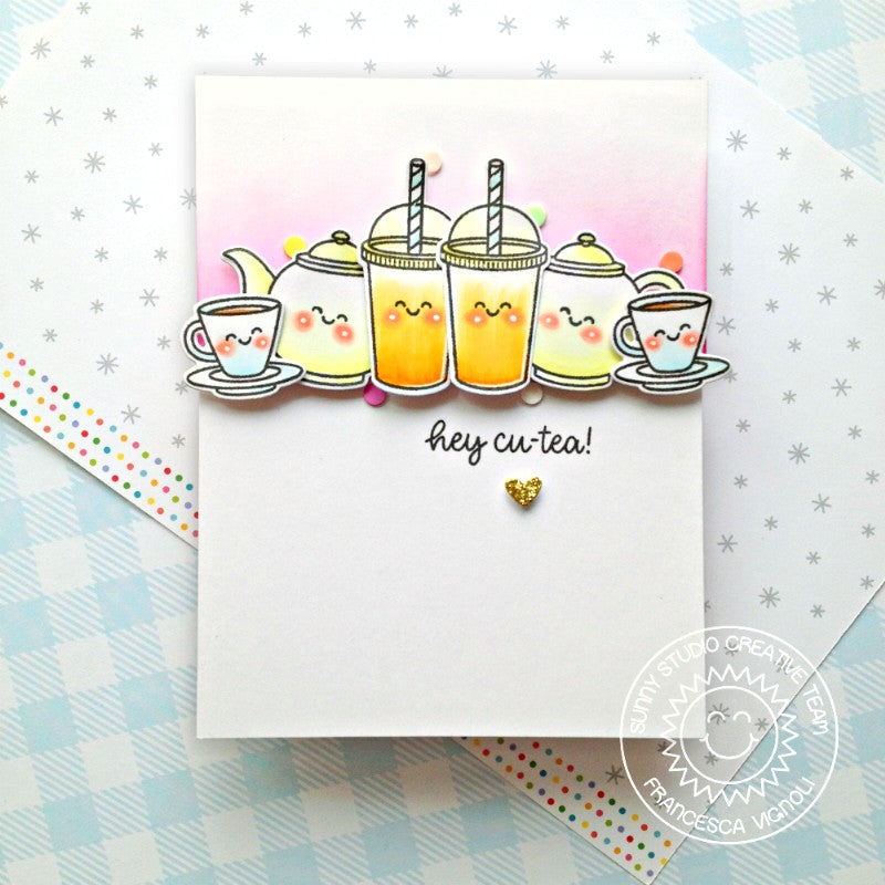 Sunny Studio Hey Cu-Tea Boba Tea, Teapot & Teacup Punny Handmade Card using Tea-riffic 2x3 Clear Photopolymer Stamps