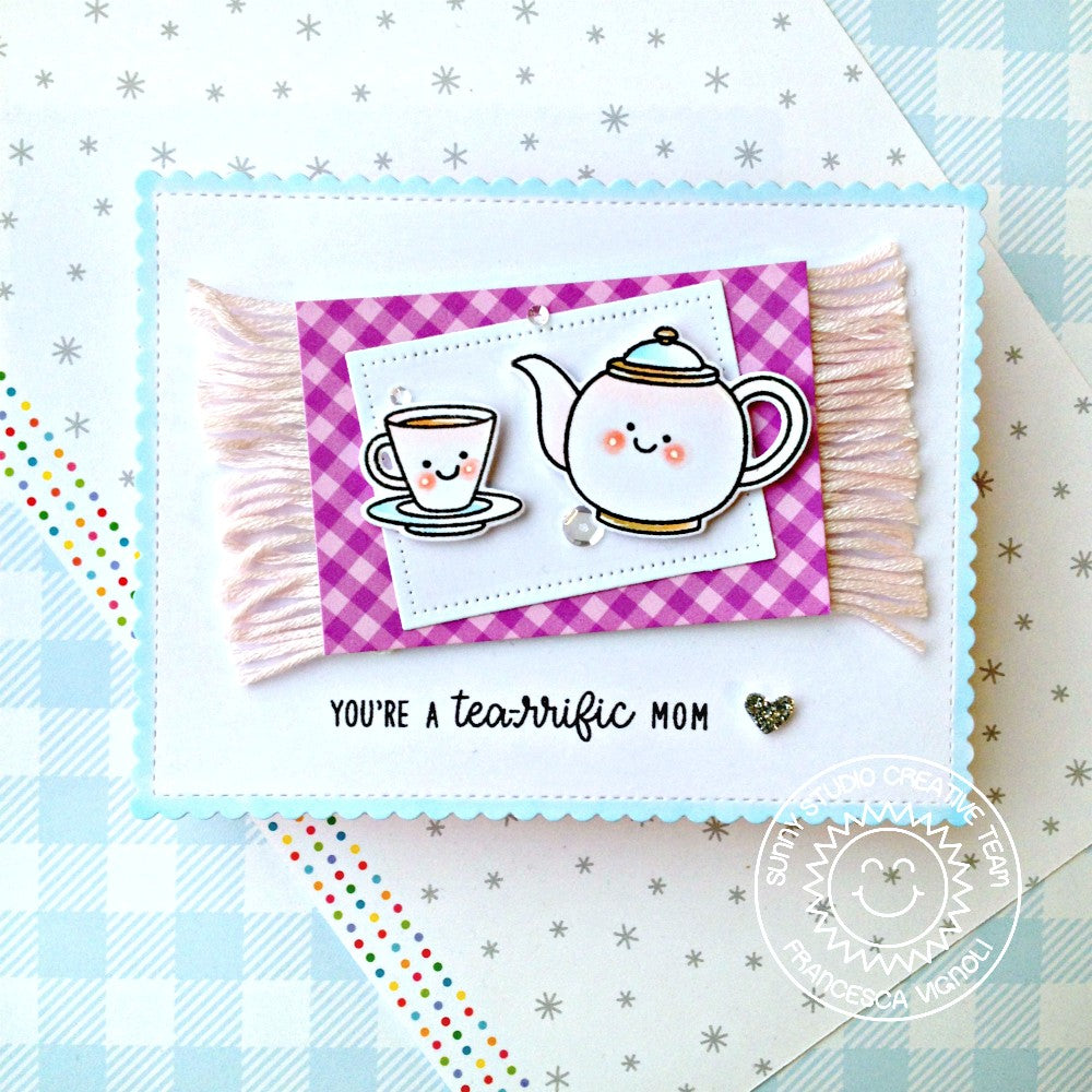 Sunny Studio You're A Tea-riffic Mom Punny Teapot & Teacup Mother's Day Card using Tea-riffic 2x3 Clear Photopolymer Stamps