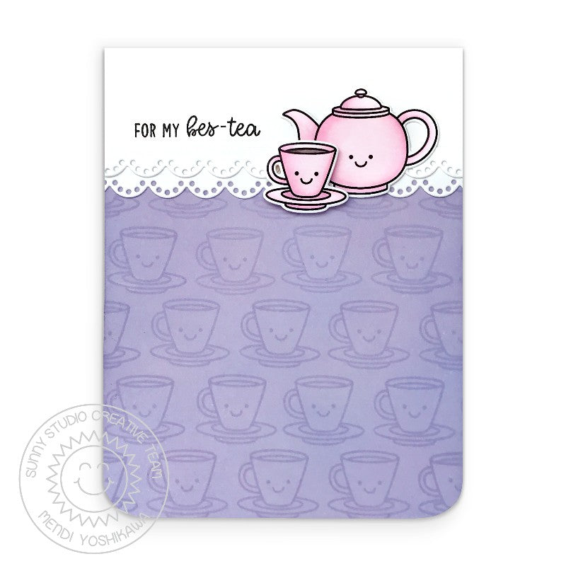 Sunny Studio For My Bes-tea Friendship Pink & Lavender Teapot & Teacup Card using Tea-riffic Punny Puns 2x3 Clear Stamps