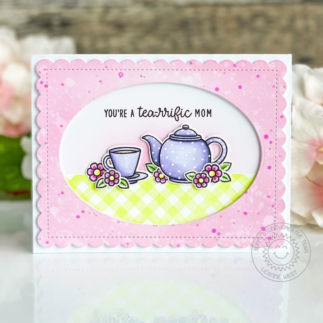 Sunny Studio Lavender Polka-dot Teapot & Teacup Mother's Day Card by Leanne West using Tea-riffic Clear Photopolymer Stamps