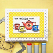 Sunny Studio Stamps Yellow Gingham Scalloped Teapot & Teacups Punny Handmade Card (using Frilly Frames Polka-dot Metal Cutting Dies)