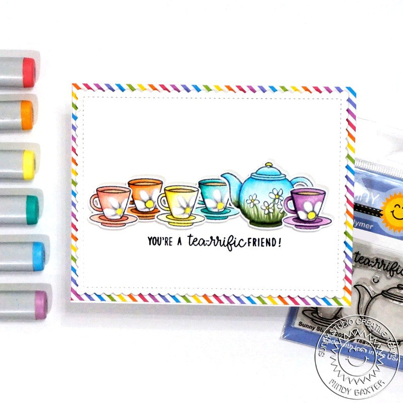 Sunny Studio Stamps Rainbow Daisy Flower Teapot & Teacup Handmade Card (using Tea-riffic 2x3 Clear Photopolymer Stamp Set)