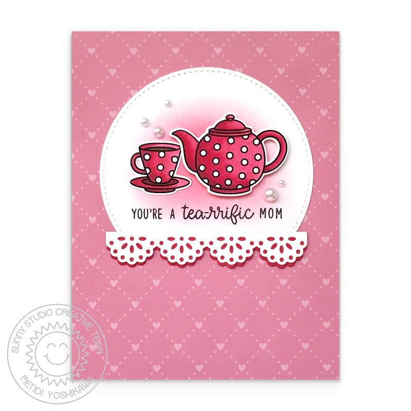 Sunny Studio Tea-riffic Mom Red Polka-dot Teapot & Teacup Mother's Day Card using Stitched Semi-Circles Metal Cutting Dies