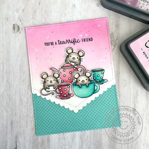 Sunny Studio You're A Tea-riffic Friend Teapot, Teacups & Mouse Handmade Card using Merry Mice 4x6 Clear Photopolymer Stamps