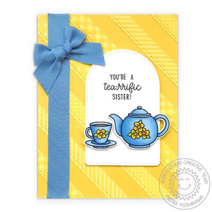 Sunny Studio Stamps Tea-riffic Sister Teapot & Teacup Yellow & Blue Tea Card with Bow using Stitched Arch Metal Cutting Dies