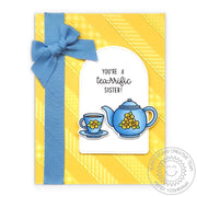 Sunny Studio Sister Punny Puns Teapot, Teacup & Tea Themed Yellow & Blue Card using Tea-riffic 2x3 Clear Photopolymer Stamps