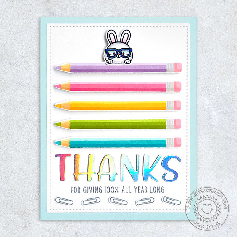 Sunny Studio Thanks For Giving 100% All Year Long Studious Bunny with Rainbow Pencils Card (using Color My World Clear Layering Stamps)