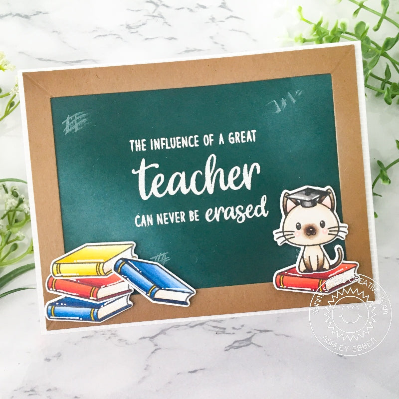 Sunny Studio The Influence of A Great Teacher Can Never Be Erased Cat with Chalkboard Thank You Card (using Teacher Appreciation Clear Stamps)