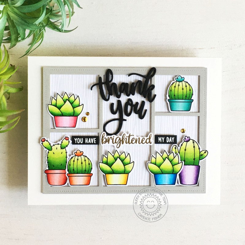 Sunny Studio Cactus Sitting In Window Thank You For Brightening My Day Card (using Looking Sharp 3x4 Clear Stamps)