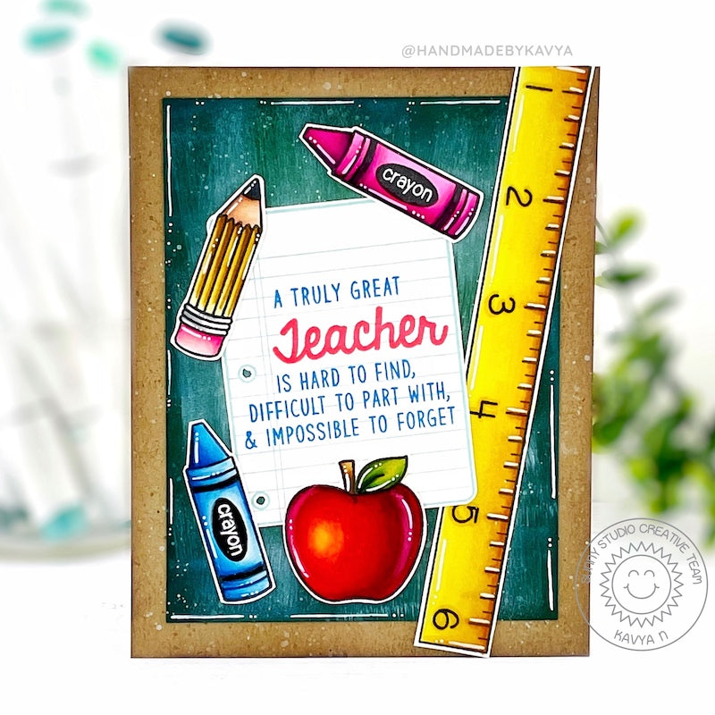 Sunny Studio A Truly Great Teacher is Hard To Find, Difficult To Part with & Impossible To Forget School Thank You Card (using Teacher Appreciation Stamps)