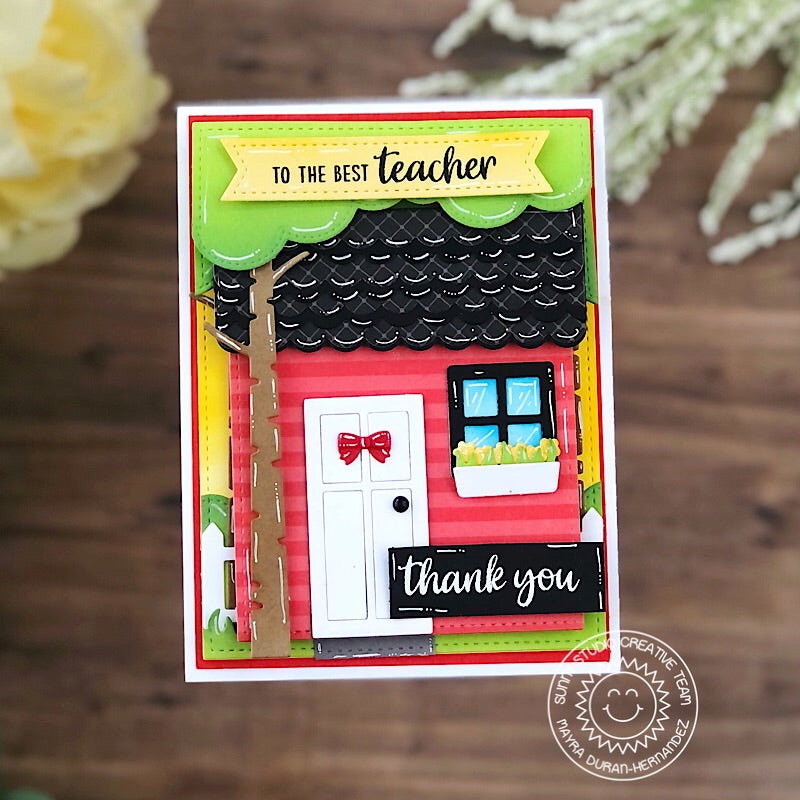 Sunny Studio Thank You To the Best Teacher Red School House Card (using Teacher Appreciation 4x6 Clear Sentiment Stamps)
