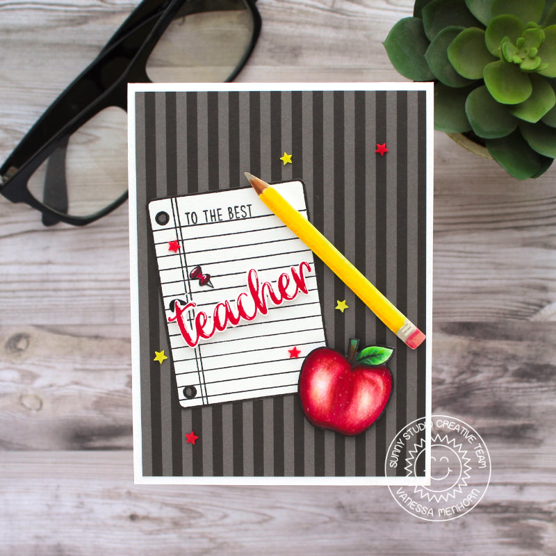 Sunny Studio To The Best Teacher Realistic Colored Apple with Pencil & Notebook Paper School Themed Card (using Teacher Appreciation Clear Sentiment Stamps)