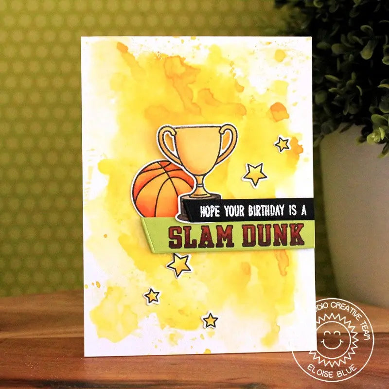Sunny Studio Stamps Team Player Slam Dunk Basketball Trophy Birthday Card with Watercolor Background
