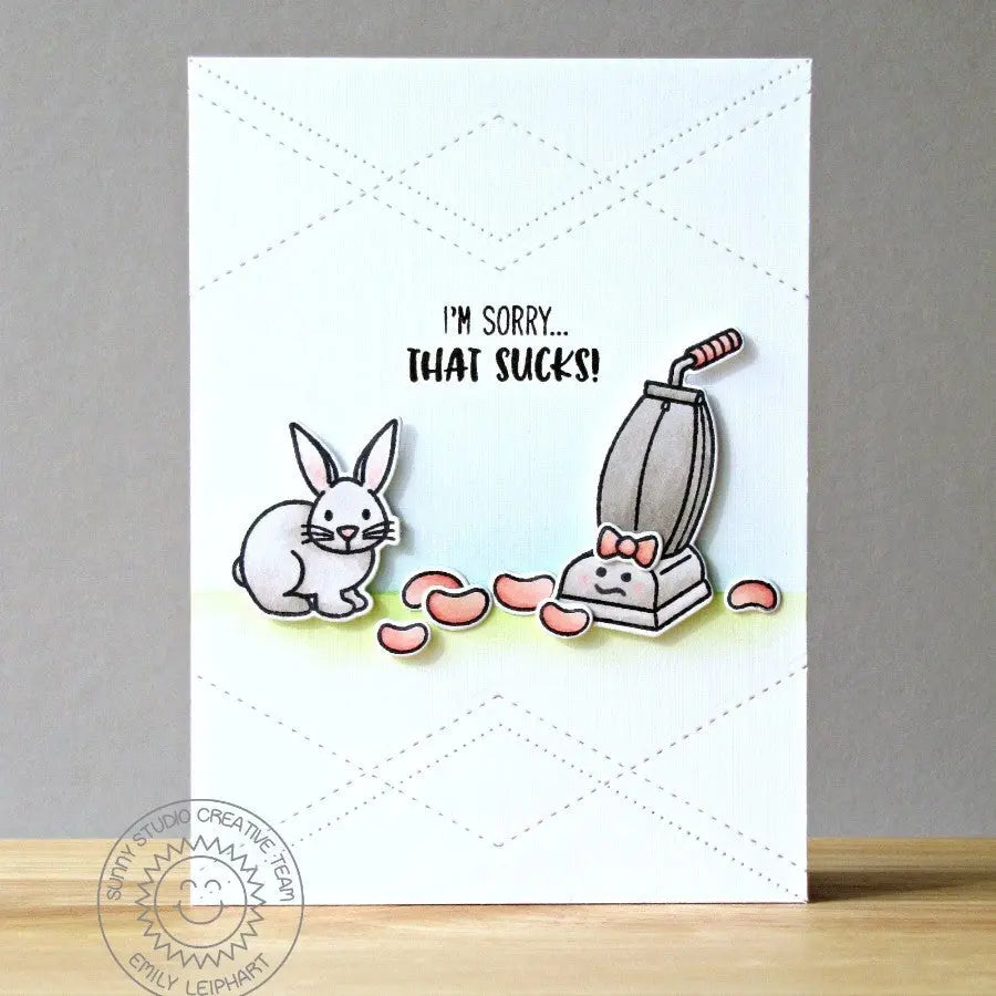 Sunny Studio Stamps I'm Sorry... That Sucks Bunny with Jelly Beans and Vacuum Punny Stitched Background Handmade Card (using Fishtail Banner II 2 Metal Cutting Dies)
