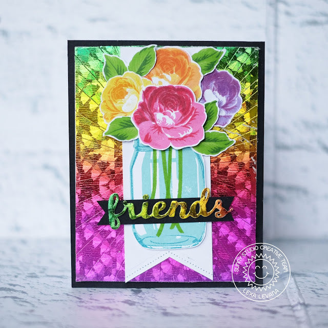 Sunny Studio Stamps & Therm O Web Rainbow Foil Everything Rosy Layered Rose Card by Lexa Levana