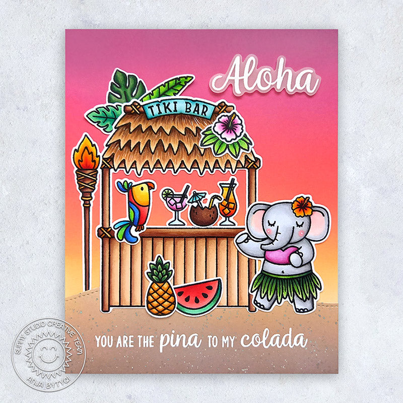 Sunny Studio Aloha You're The Pina To My Colada Tiki Bar at Sunset Tropical Summer Card (using Tiki Time 4x6 Clear Stamps)